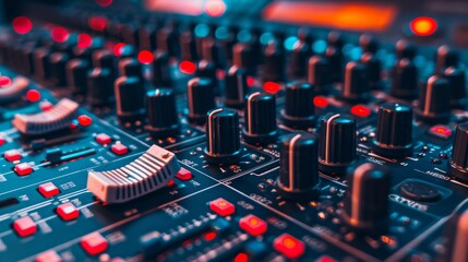 Detailed close-up of audio mixer control panel with clean background