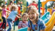© kimly - Children laughing and playing together on a colorful playground with swings, slides, and climbing structures.