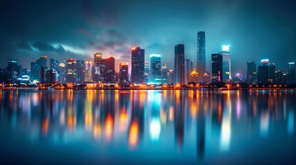 Elegant city skyline with shimmering lights reflecting off a river or lake, capturing the essence of a bustling metropolis during the evening.