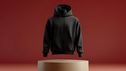 Wall Mural - mockup 3d black plain hoodie with mannequin placed on podium, isolated neutral background, 