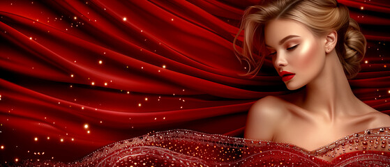 Wall Mural - A woman is lying on a red curtain with sparkles. She is wearing a red dress and red lipstick