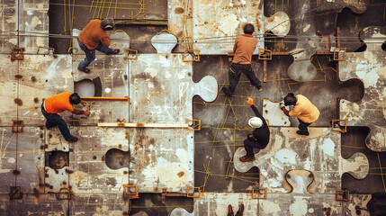 Workers Constructing a Building Using Puzzle Pieces