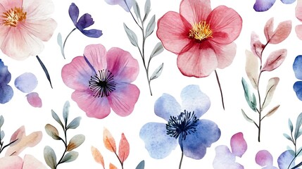 Poster - Watercolor floral pattern with pink, blue, and red flowers and leaves on a white background.