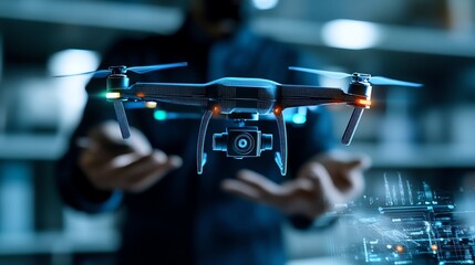 Man controlling a drone with futuristic interface in background.