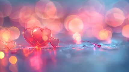 Poster - Elegant heart-shaped bokeh lights on a blurred pastel background, providing a dreamy and gentle atmosphere.