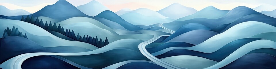 Wall Mural - Abstract Landscape Painting of Serene Mountainous Terrain in Shades of Blue with Winding River, Hills, and Forest Elements