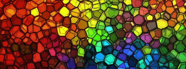 Wall Mural - Mosaic of hexagons, rainbow palette, stained glass texture, bright midday light