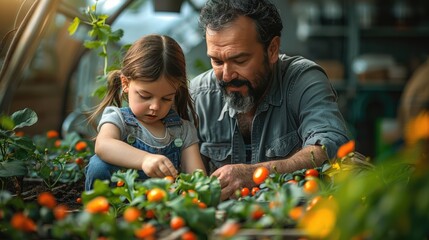 little daughter helping father to plant,water flowers home gardening concept