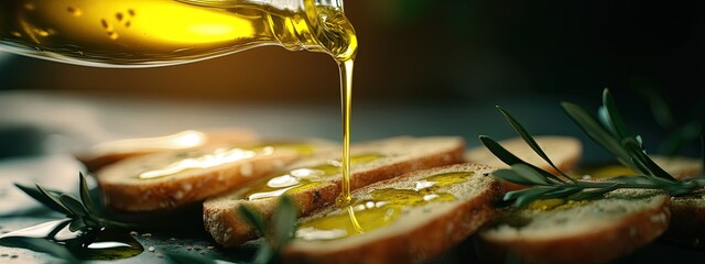 Pouring olive oil, golden stream, onto fresh bread, soft ambient lighting