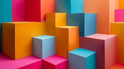 Poster - Geometric background with overlapping cubes in bright colors and varying opacities on a minimalist surface