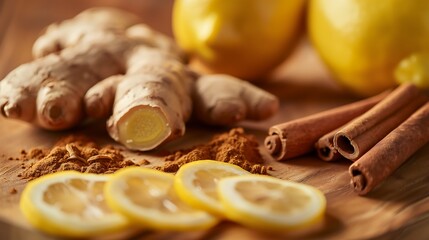 Wall Mural - Fresh Ginger and Lemons with Cinnamon on Wooden Cutting Board