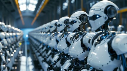 Aufkleber - Group of robots assembling a machine in a factory