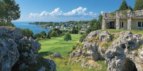 Wall Mural - Scenic coastal golf course with cliffs, lush greenery, sea view, and charming houses in the background, perfect for a relaxing getaway