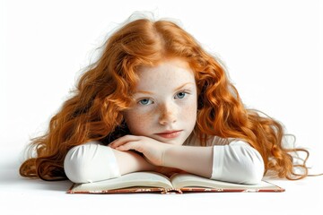 Girl Reading Book. Happy Little Redhead Girl Lost in Thought while Reading, Isolated on White Background