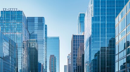 Poster - Modern city skyline with sleek glass buildings and elegant architecture under a clear blue sky, showcasing a blend of contemporary design.