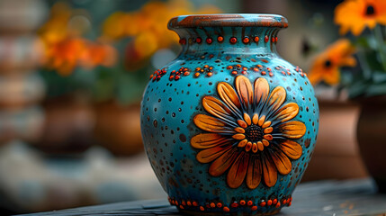 Handcrafted Blue Ceramic Vase with Orange Flower Design - Illustration