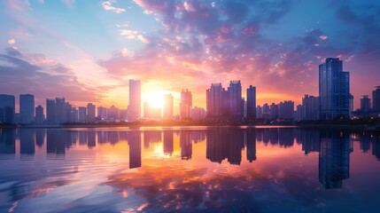 Poster - Panoramic view of a sophisticated city skyline with high-rise structures and a vibrant sunset sky, reflecting off the calm water below.