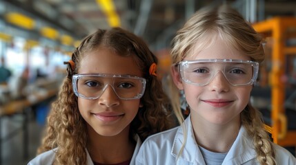 Wall Mural - two classmates standing in robotic laboratory wearing lab coats,safety eyeglasses after school robotics club children learning robotics in elementary school