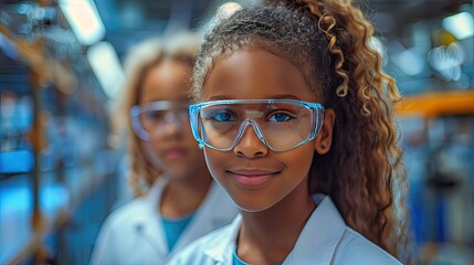 two classmates standing in robotic laboratory wearing lab coats,safety eyeglasses after school robotics club children learning robotics in elementary school