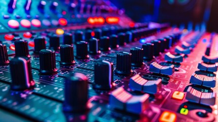 Poster - Professional mixing console with focused faders and controls with clean background