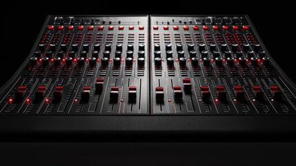 Professional mixing console with focused faders and controls with clean background