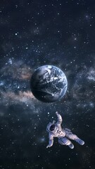 Wall Mural - space background with a planet and astronaut 4k virtual video animation background