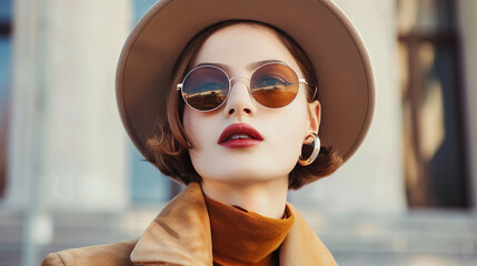 Fashionable Woman in a Hat and Sunglasses