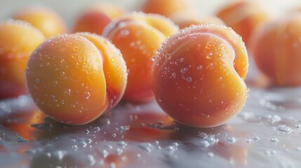 Poster - Several apricots with a soft focus on their surface details, positioned on a neutral background to emphasize their natural beauty and texture