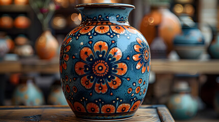 Wall Mural - Blue and Orange Floral Ceramic Vase Illustration