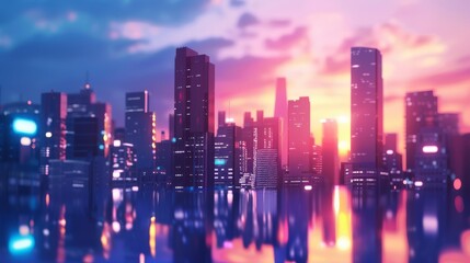 Aufkleber - Sleek urban skyline with a futuristic design, featuring high-tech buildings and a striking silhouette against a twilight sky.
