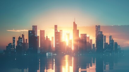 Aufkleber - Sleek urban skyline with a futuristic design, featuring high-tech buildings and a striking silhouette against a twilight sky.