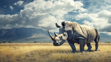 A white rhinoceros or the Latin name Ceratotherium simum animal is threatened with extinction background wallpaper AI generated image