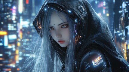 Anime girl cyborg character with long white hair wearing a hood in a modern cyberpunk style background wallpaper AI generated image