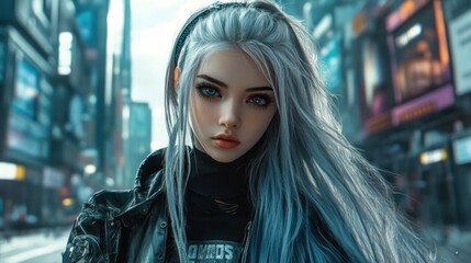 Sticker - Anime young face woman model character gothic with long white hair in a modern cyberpunk style background wallpaper AI generated image