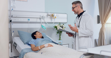 Sticker - Checklist, bed and doctor with patient in hospital for healthcare, consultation or medical service. Clipboard, discussion and cardiology surgeon with woman for postoperative checkup in clinic.