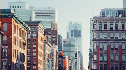 Poster - Stylish city skyline with a mix of historic and modern architecture, showcasing a blend of old and new under a clear, sunny sky.