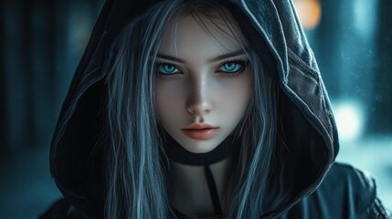 Wall Mural - Anime young face girl character gothic with long hair wearing a hood mysterious in a modern cyberpunk style background wallpaper AI generated image