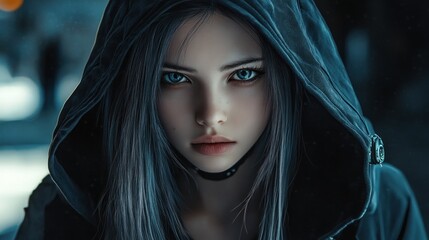 Sticker - Anime young face girl character gothic with long hair wearing a hood mysterious in a modern cyberpunk style background wallpaper AI generated image