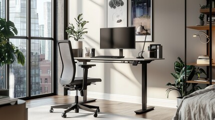 A stylish workspace with a standing desk, ergonomic chair, and smart gadgets, emphasizing a healthy remote work environment