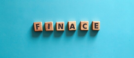 wooden cube blocks make the word finance on a blue background