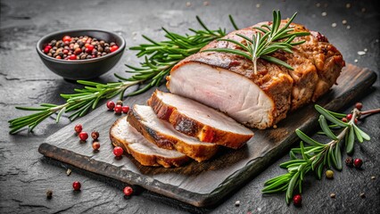 Grilled sliced pork roast on a black kitchen board with fresh green rosemary and spices