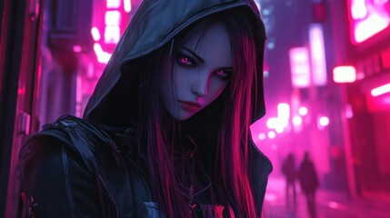 Sticker - Anime girl red eye character gothic with long black hair wearing a hood mysterious in a modern cyberpunk style background wallpaper AI generated image