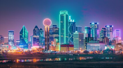 Vibrant city skyline at dusk with a variety of high-rise buildings, creating a captivating contrast between the illuminated cityscape and the darkening sky.