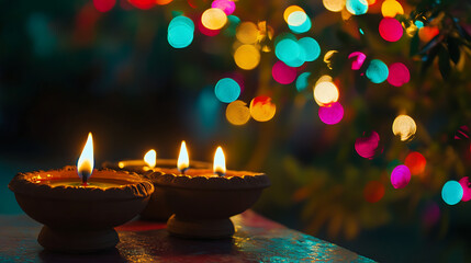 Wall Mural - close-up of traditional clay diyas (oil lamps) lit up against a backdrop of colorful string lights, creating a warm bokeh effect