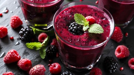 Wall Mural - Vibrant mixed berry smoothie with raspberries blackberries and mint