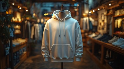 mock up of plain white hoodie in shop displayed on mannequin, mannequin standing in front of clothes rack