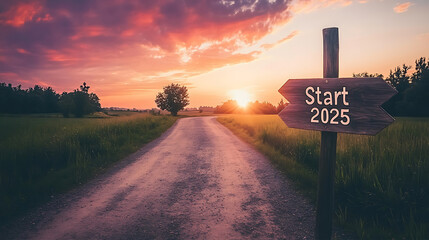 A wooden sign reading Start 2025 standing along a deserted countryside road at sunset, with the vibrant colors of the evening sky adding a sense of anticipation