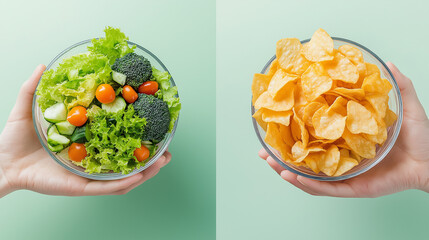 One hand holding a bowl of vegetable salad, the other holding chips, contrasting healthy natural organic fresh vegetarian food with unhealthy processed fast junk food,