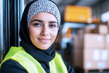 Arabian worker in safety uniform driving forklift at warehouse