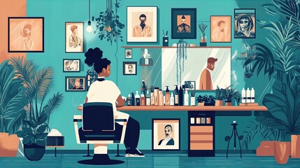 Trendy Barbershop Scene: Professional Stylist Cutting Hair Amidst Stylish Décor - Perfect for Sports Interior Posters or Modern Home Decor!